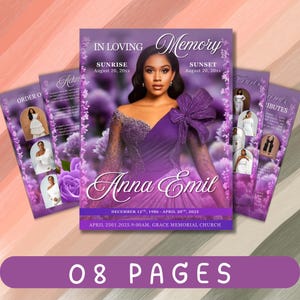 Puede incluir: Un programa conmemorativo con un retrato de una mujer con un vestido morado, rodeado de elementos florales. El programa incluye texto como "In Loving Memory", fechas y el nombre "Anna Emil". Páginas adicionales muestran fotos y texto. La parte inferior del programa dice "08 PAGES."