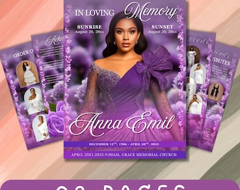 Plantilla de programa funerario de rosas moradas (8 páginas, 8,5 x 11 pulgadas), programa conmemorativo, libro de obituarios, celebración de la vida, diseño en memoria amorosa.