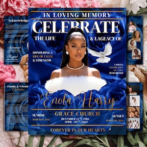 May include: A memorial announcement with a blue floral background and gold text. The announcement reads "In Loving Memory Celebrate The Life & Legacy Of Enola Harry." Includes a photo of a woman, a dove, and additional photos.