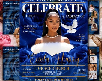 Plantilla de programa funerario de Blue Roses, 8 páginas, descarga en PDF de Canva, programa de revista funeraria, celebración de la vida, plantilla de folleto