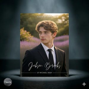Plantilla de tarjeta de graduación masculina 2026, anuncio de graduación para chico de último año, invitación con escritura a mano, plantilla de collage de fotos en Canva