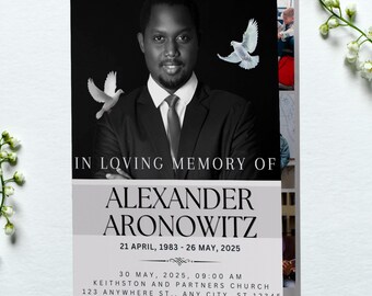 White Rose Funeral Program Template: Beige & Gold Obituary Booklet (Canva, 8.5"x11")