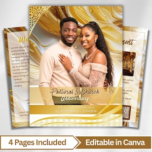 Op de afbeelding: Een goud-wit uitnodigingsontwerp voor een Pastoraal & Kerk Jubileum. Het ontwerp toont een foto van een lachend stel, met de tekst "Pastoral & Church Anniversary" en evenementdetails. De uitnodiging bevat de tekst "4 Pages Included" en "Editable in Canva".