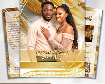 Plantilla para programa de aniversario pastoral, folleto díptico para iglesia, diseño editable en Canva.