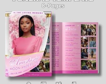 Programa funerario de 8 páginas con rosas rosas, plantilla de obituario de 17 x 11 para mujeres, programa conmemorativo, servicio de celebración de la vida en memoria amorosa.