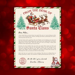 May include: A festive letter from Santa Claus, featuring illustrations of Santa in his sleigh with reindeer and Christmas trees. The letter is addressed to "Dear Peter" and includes holiday greetings and a message about good behavior.