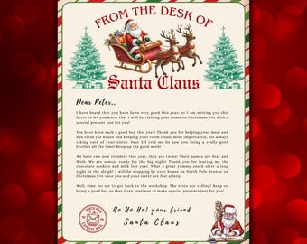 May include: A festive letter from Santa Claus, featuring illustrations of Santa in his sleigh with reindeer and Christmas trees. The letter is addressed to "Dear Peter" and includes holiday greetings and a message about good behavior.