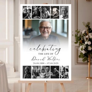 Puede incluir: Un letrero conmemorativo sobre un caballete, con un retrato de un hombre sonriente con gafas. El letrero dice "Celebrando la vida de David Walker" con fechas. Fotos en blanco y negro del hombre est&aacute;n dispuestas.