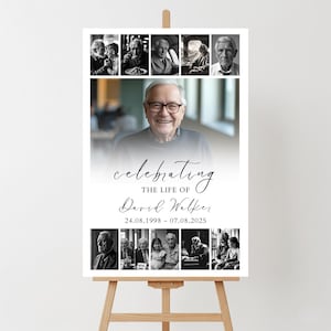 Puede incluir: Un letrero conmemorativo en un caballete de madera. El letrero presenta un retrato central de un hombre con gafas, rodeado de fotos m&aacute;s peque&ntilde;as en blanco y negro. El texto dice "Celebrando la vida de David Walker" con fechas.