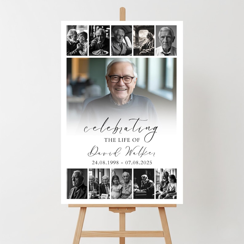 Puede incluir: Un letrero conmemorativo en un caballete de madera. El letrero presenta un retrato central de un hombre con gafas, rodeado de fotos m&aacute;s peque&ntilde;as en blanco y negro. El texto dice "Celebrando la vida de David Walker" con fechas.