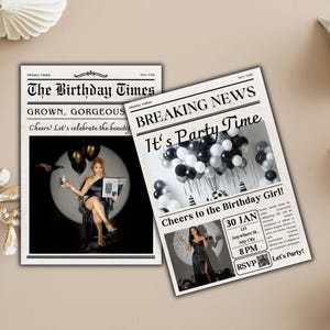 May include: Two birthday party invitations designed as newspapers. One is titled "The Birthday Times" with a photo of a person. The other is "Breaking News It's Party Time" with party details and a photo of a person in a black dress.