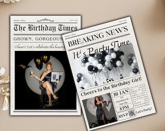 Geburtstagszeitung Canva Vorlage, Geburtstagszeitung Vorlage, Geburtstagsprogramm, große Geburtstagszeitung, bearbeitbarer Zeitungszeitplan