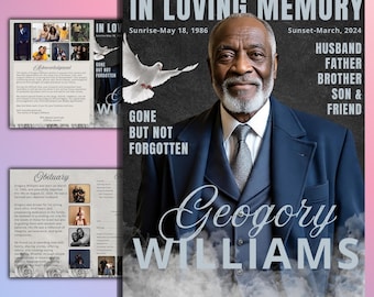 Plantilla de programa funerario, programa de obituario editable en Canva, folleto conmemorativo estilo revista, programa funerario imprimible, descarga instantánea