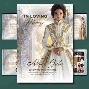 Può includere: Annuncio di servizio commemorativo con il testo "In Loving Memory" e il nome "Nora Gale". Il design presenta una donna in un abito bianco e oro, con pagine aggiuntive che mostrano i dettagli del servizio e i ringraziamenti.