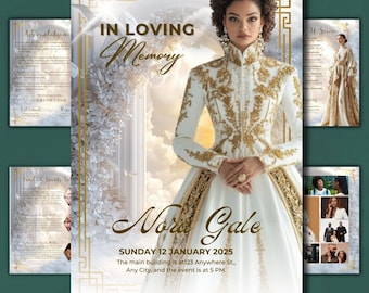 White and Gold Roses Funeral Program Template | 8 Page Memorial Booklet | Editable Celebration of Life Obituary Book | Canva PDF