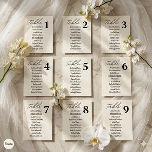 Può includere: Nove biglietti da tavolo color avorio con testo nero, numerati da 1 a 9, disposti su una superficie di marmo. Ogni biglietto elenca nomi, probabilmente per un matrimonio o un evento. Orchidee bianche e tessuto trasparente aggiungono all'estetica elegante.