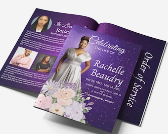 Plantilla de programa funerario morado de 8 páginas / Programa conmemorativo de 17 x 11 con perlas / Diseño plegable de 8,5 x 11 / En memoria amorosa / Celebración de la vida