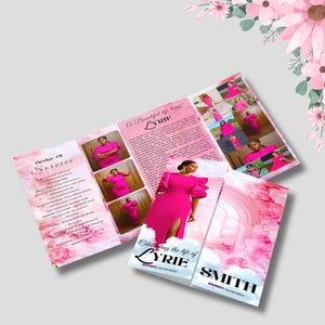 May include: A pink memorial program with the text "Order of Service" and "Celebrating the life of LYRIE". The program features photos of a person in a pink dress and floral accents.