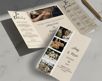 Plantilla de invitación de boda plegable con fotos, invitación de boda plegable en tríptico editable en Canva, conjunto de diseño de invitación plegable con tiras para fotomatón