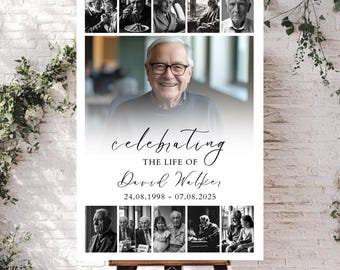 Póster de celebración de la vida, plantilla de letrero de bienvenida para collage de fotos de funeral, tablero de recuerdos, imagen de letrero de funeral, tablero de fotos de funeral