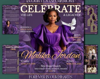 Purple Roses Funeral Program Template 8 Page Memorial Booklet, Editable Canva Funeral Magazine, Celebration of Life Brochure PDF Download