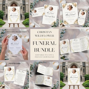 May include: A Christian wildflower funeral bundle featuring editable templates for invitations, prayer cards, and programs. Each piece displays a floral border, a circular photo frame, and the text Mia Edward, with gold accents on a white background.