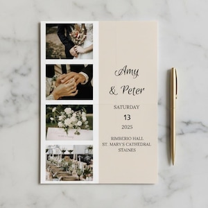 Puede incluir: Invitaci&oacute;n de boda con cuatro paneles de fotos y texto. La invitaci&oacute;n presenta los nombres "Amy & Peter", la fecha "S&aacute;bado 13 2025" y el lugar "Rimberio Hall, St. Mary's Cathedral, Staines". Un bol&iacute;grafo dorado descansa al lado.