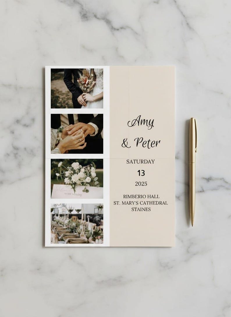 Puede incluir: Invitaci&oacute;n de boda con cuatro paneles de fotos y texto. La invitaci&oacute;n presenta los nombres "Amy & Peter", la fecha "S&aacute;bado 13 2025" y el lugar "Rimberio Hall, St. Mary's Cathedral, Staines". Un bol&iacute;grafo dorado descansa al lado.