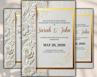 May include: Elegant wedding invitation suite featuring a floral embossed design in white and gold. The invitation includes the names "Sarah & John", the date "May 26, 2026", and reception details. The suite includes multiple cards.