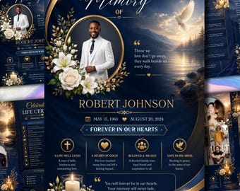 May include: A funeral program template in deep blue and gold featuring a portrait of a man in a white suit, white lilies, a flying dove, and a sunset lake scene. Text includes IN LOVING MEMORY OF ROBERT JOHNSON, dates, and memorial quotes.