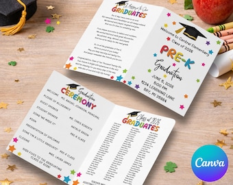 May include: Two white folded paper programs for a Pre-K graduation ceremony. The text includes A Message to Our Graduates, Welcome to Central Elementary Class of 2026, and a list of names. The design features colorful stars and graduation caps.