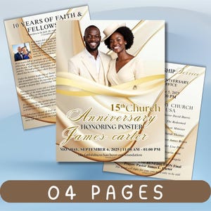 May include: A set of four-page church anniversary posters. The main poster features a couple in formal attire, with gold script that reads "15th Church Anniversary Honoring Poster James Carter." Additional pages include event details and text.