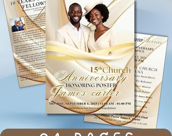 Plantilla de programa de aniversario de iglesia en oro blanco, editable en Canva, plegable, 8.5 x 11, programa de servicio de agradecimiento a la iglesia, celebración de aniversario