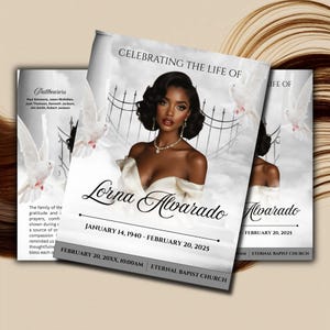 May include: A memorial service program with a portrait of Lorna Alvarado. The design includes doves, a decorative fence, and the text "Celebrating the Life Of." Dates of birth and passing are displayed, along with the time and location.