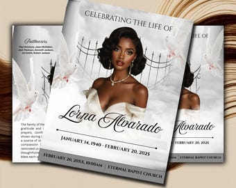 White Roses & Silver Funeral Program Template, 17 x 11 Obituary Program for Women, Memorial Program, Celebration of Life In Loving Memory