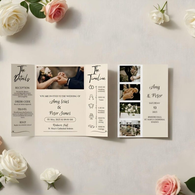 Puede incluir: Un juego de invitaciones de boda color crema, con una invitaci&oacute;n tr&iacute;ptica con detalles y cronograma, y una tarjeta separada. La invitaci&oacute;n incluye los nombres Amy & Peter, la fecha, la hora y el lugar. Acentos florales rodean la invitaci&oacute;n.