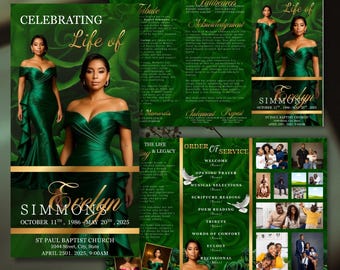 Plantilla de programa funerario tríptico elegante y verde, folleto de obituario para celebrar la vida, plantilla de Canva para programa conmemorativo en memoria amorosa