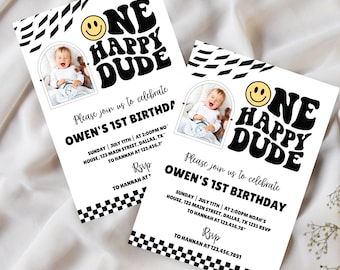 Invitación de cumpleaños retro "Happy Dude": Carita sonriente amarilla (plantilla editable de 5x7)