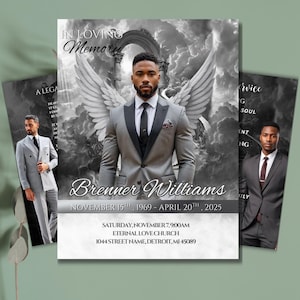 May include: Memorial service announcement featuring a man in a gray suit with angel wings against a cloudy backdrop. The text reads "In Loving Memory" and "Brenner Williams" with dates and service details. Additional images are included.