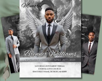 Plantilla clásica gris de 8 páginas plateada para memorial funerario, programa de obituario de 17 x 11, plegable, en memoria amorosa, elegante celebración de la vida, Canva