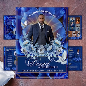 以下が含まれることがあります： スーツ姿の男性の肖像画、青い花の要素と鳩に囲まれた追悼サービスのプログラム。テキストには「In Loving Memory of Daniel Andreson, December 12th, 1900 - April 20th, 2025」と書かれています。