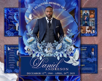 8-sidig blå begravningsprogrammall, dubbelvikt minnesprogram, dödsannonsmall, hyllning till livet, redigerbar digital nedladdning