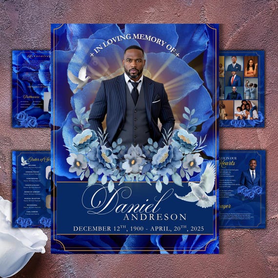 8-Page Blue Funeral Program Template, Bi-Fold Memorial Program, Obituary Template, Celebration of Life, Editable Digital Download
