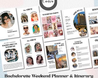 Op de afbeelding: Een digitale set met sjablonen voor een vrijgezellenweekendplanner en reisschema, bestaande uit 24 pagina's in 2 formaten, aanpasbaar in Canva. De lay-out bevat secties voor de groep, weekendinspiratie, hotelgegevens en een dagplanning.