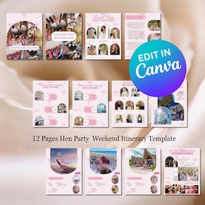 Könnte beinhalten: Ein 12-seitiges Wochenend-Reiseplan-Template für einen Junggesellinnenabschied mit rosa und weißen Streifen. Das Template enthält Seiten für ein Moodboard, Meet the Girls, Willkommen, Zimmerzuweisungen und Outfit-Inspiration. Der Text "Edit in Canva" ist sichtbar.