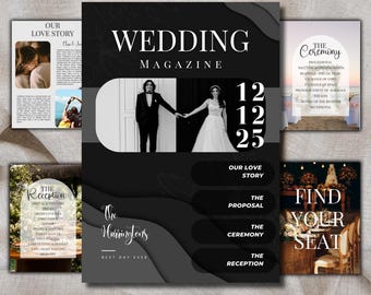 Wedding Day Magazine Template | Wedding Program Template | Infographic Magazine Design | Seating Chart Fun Facts Menu Template