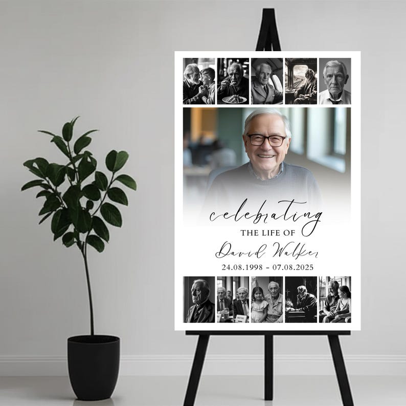 Puede incluir: Un letrero conmemorativo en un caballete negro, con un retrato de un hombre con gafas, rodeado de fotos en blanco y negro. El letrero dice "Celebrando la vida de David Walker" con las fechas 24.08.1998 - 07.08.2025.
