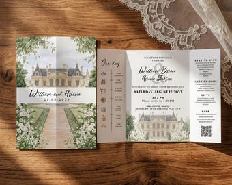 Invitación de boda desplegable con acuarela personalizada para cada lugar de celebración, opción de fajín, invitación de boda con boceto ilustrado, plantilla editable de Canva.