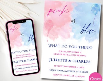 Invitación para revelar el género en acuarela rosa o azul: Plantilla editable (5x7, descarga digital)