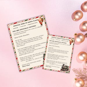 May include: Two Christmas-themed invitation letters from Santa Claus, with text that reads "Official Desk of Santa Claus" and "You are Officially Invited!" The letters have a red and green border and are decorated with Christmas ornaments.